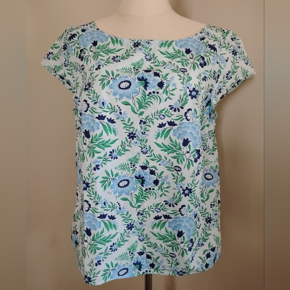 Talbots Top Trellis Watercolor Floral Blue Green Short Sleeve M Boatneck Cotton